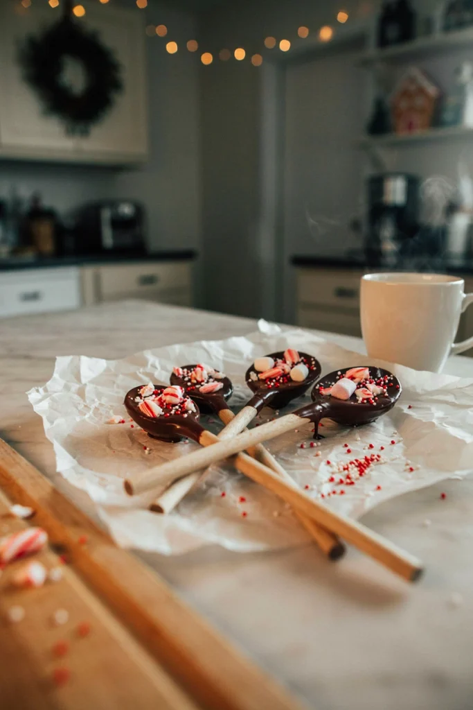 Wooden spoons dipped in chocolate coating with crushed candy canes, standing in a mug, ready to stir into hot milk.