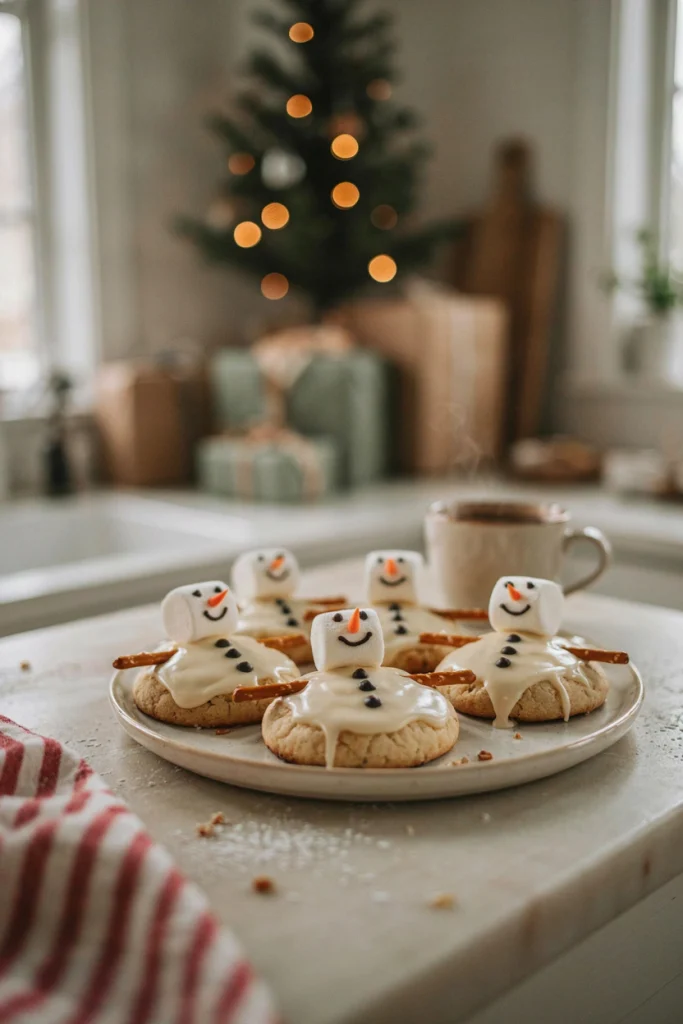A white puddle-shaped sugar cookie with a small round snowman head, carrot nose, buttons, and a stick arm sticking out, looking like it's melting into the plate.