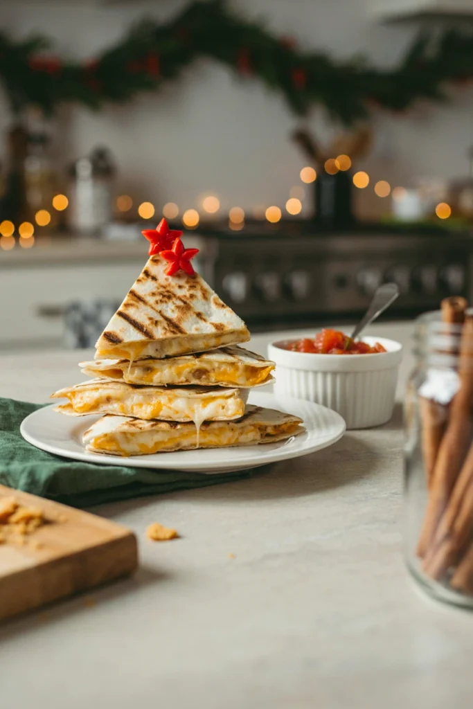 A folded tortilla cut into a tree shape, melted cheese peeking out, with a star cut from a bell pepper on top.