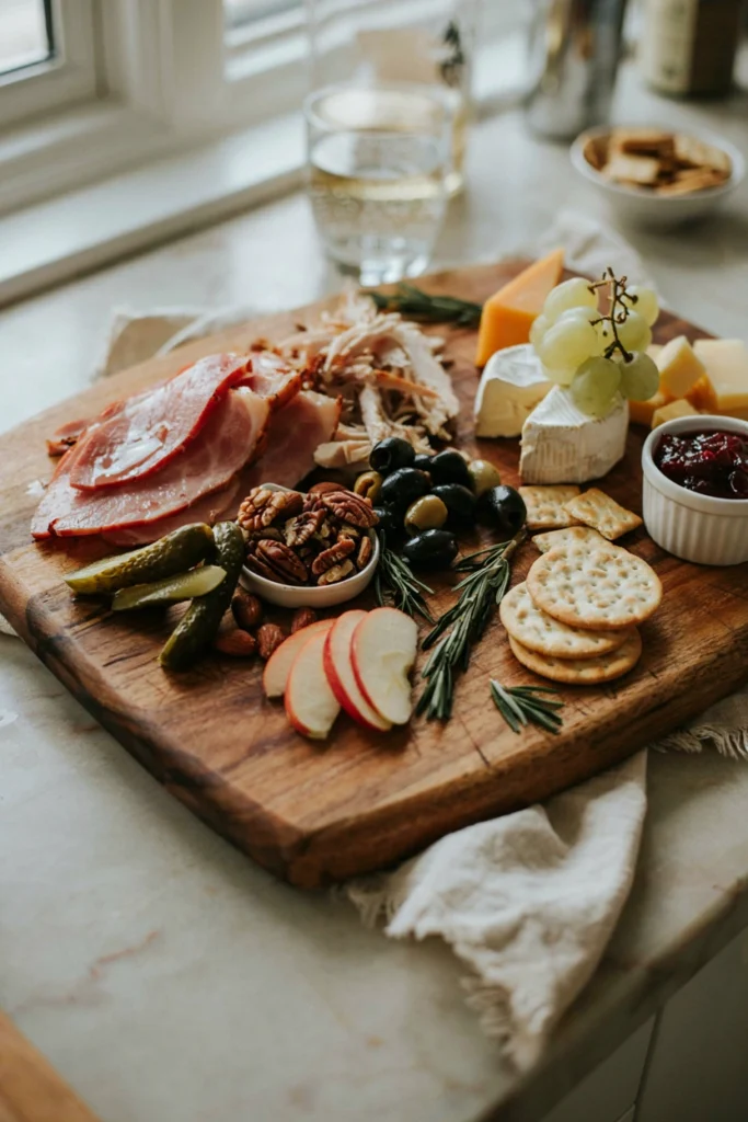 A relaxed leftover charcuterie board with ham slices, cheese ends, crackers, and a small dish of cranberry sauce on a cutting board