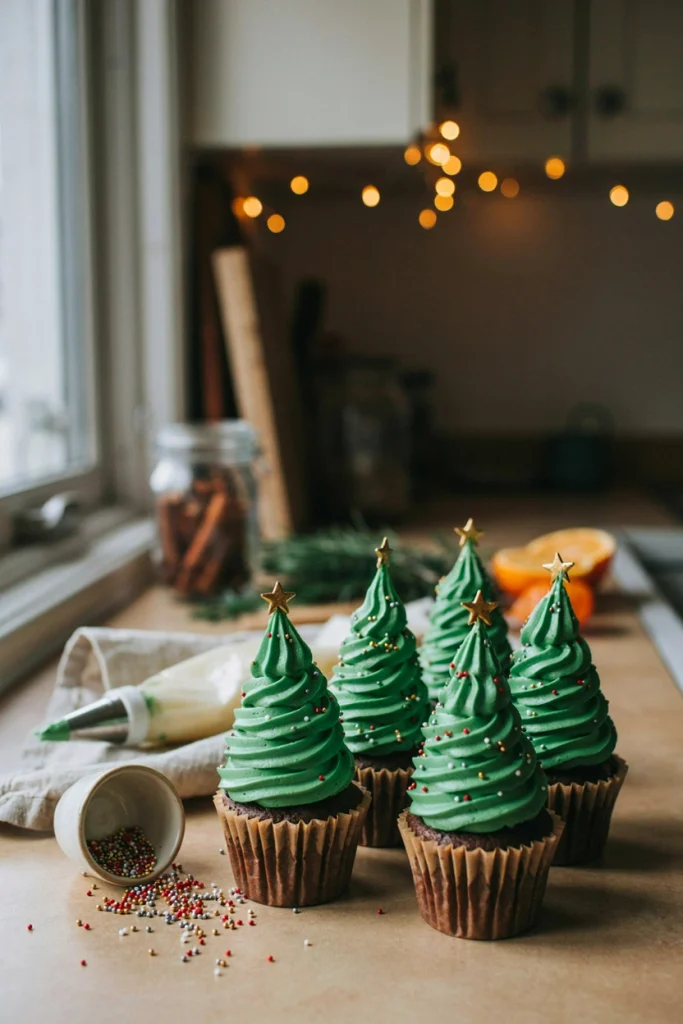 Cupcakes topped with a tall swirl of green frosting piped to look like a tree, dotted with sprinkles and a star on top.
