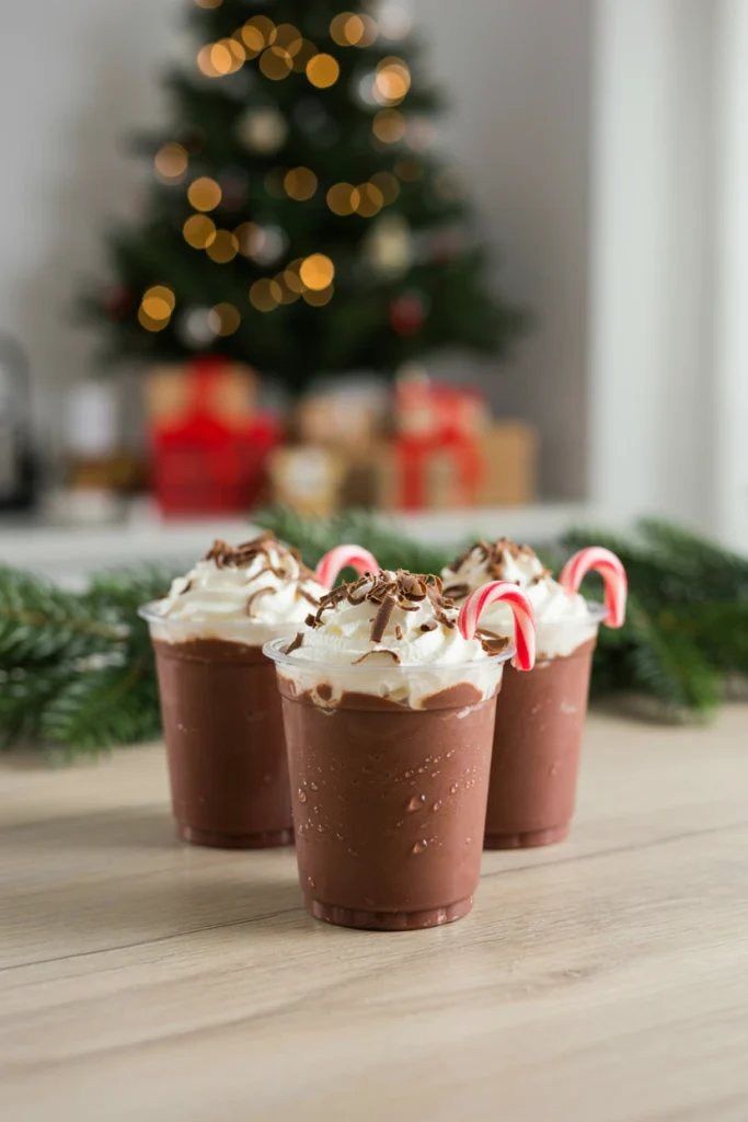 Small cups of frozen chocolate mousse-like mixture topped with whipped cream, a candy cane, and chocolate shavings.