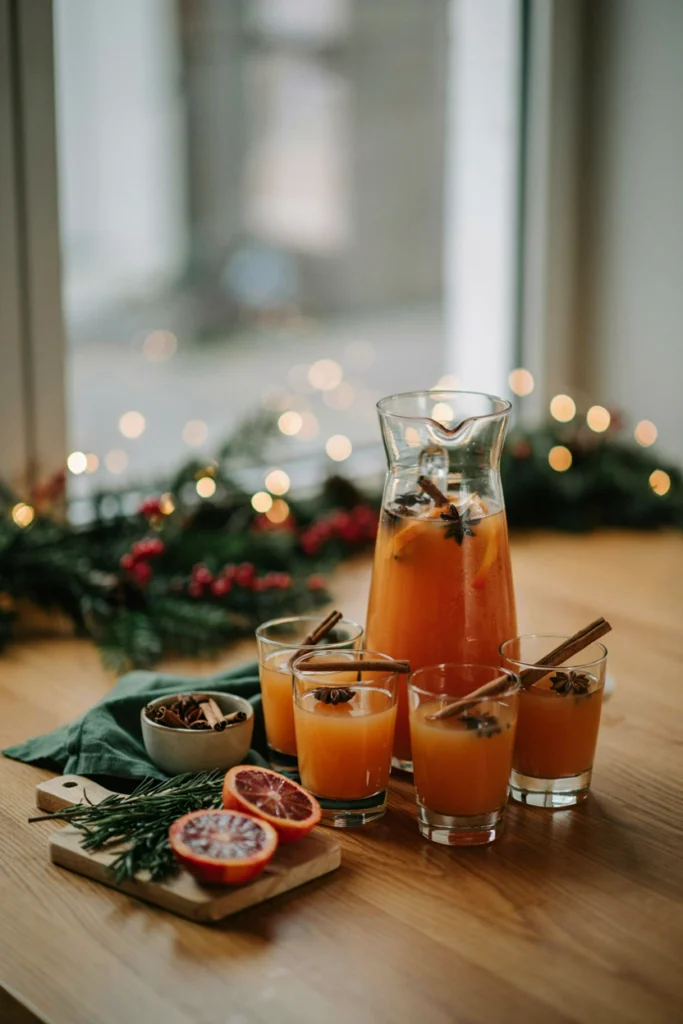 A large glass pitcher of amber-orange punch with cinnamon sticks and star anise floating on top, steam-free but garnished to look warm and spiced