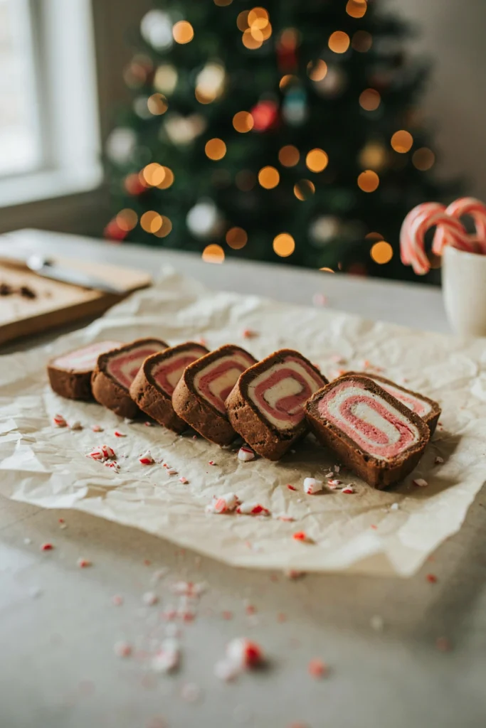 A rolled log of marshmallow and chocolate cookie dough, sliced to reveal a pink and white swirl, dusted with crushed candy cane.