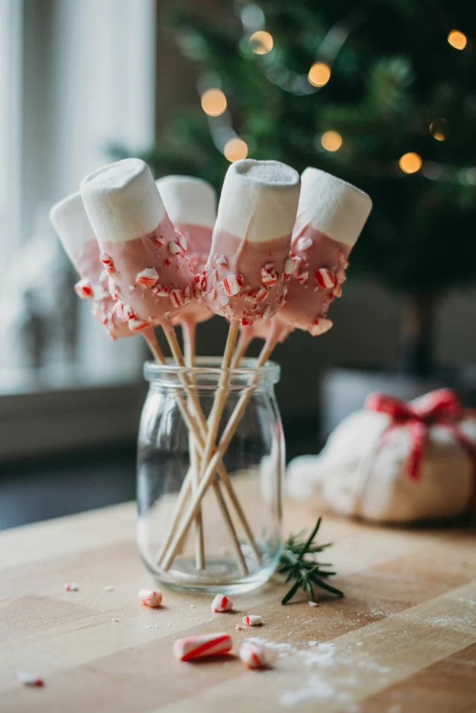 Large marshmallows on sticks dipped in white and pink swirled chocolate with crushed candy cane, resembling peppermint swirls.