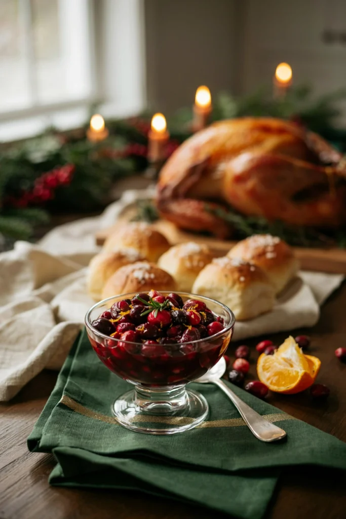 A small footed glass bowl of glossy deep-red cranberry sauce with whole berries, orange zest, and a rosemary sprig laid across the rim