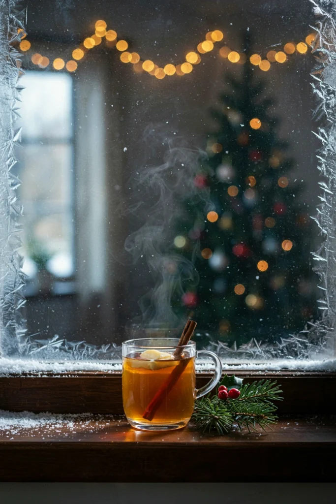 A clear glass mug of golden-brown hot buttered rum with a small pat of butter melting on top, a cinnamon stick stirrer, snowy window in the background