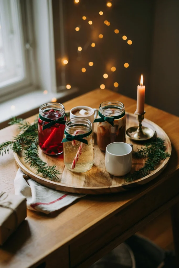 A tray with three mason jars filled with different colored drinks, each tied with ribbon and holding a candy cane as a stirrer