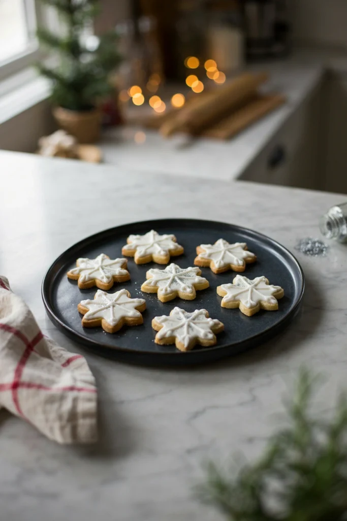 White snowflake-shaped sugar cookies with intricate royal icing piping and edible glitter, laid on a dark blue background.