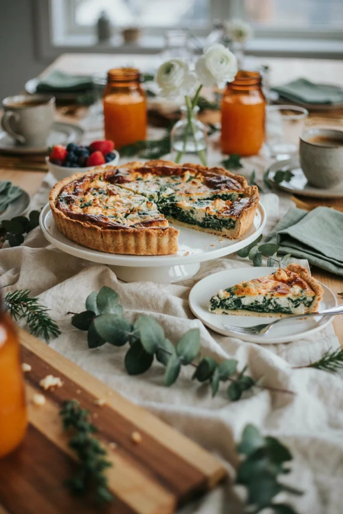A sliced quiche in a flaky golden crust, with visible layers of wilted spinach and creamy feta, on a wooden board.