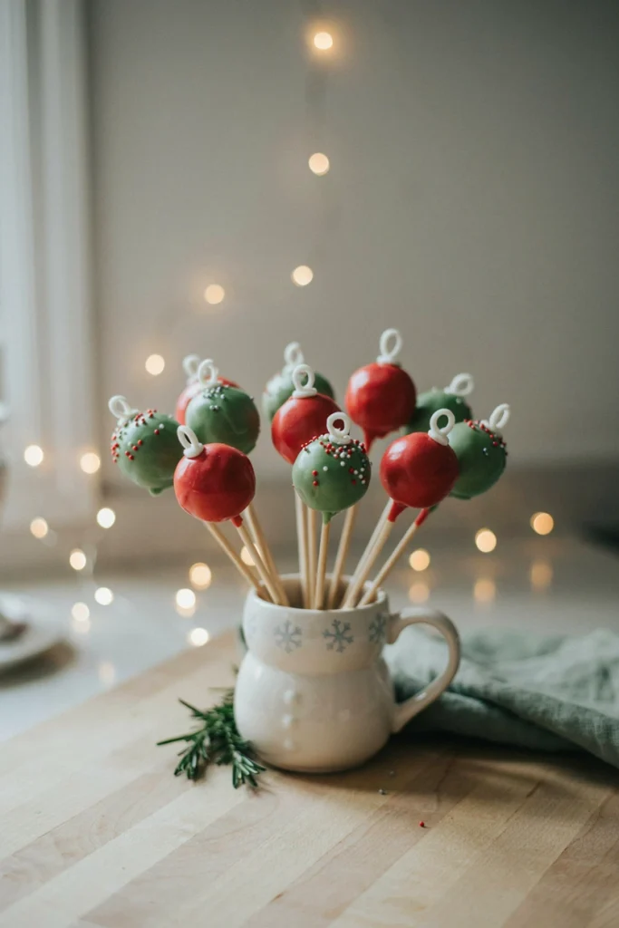 Round cake pops on sticks, dipped in red and green candy coating with a white icing 'hanger' loop at the top, arranged in a display stand.