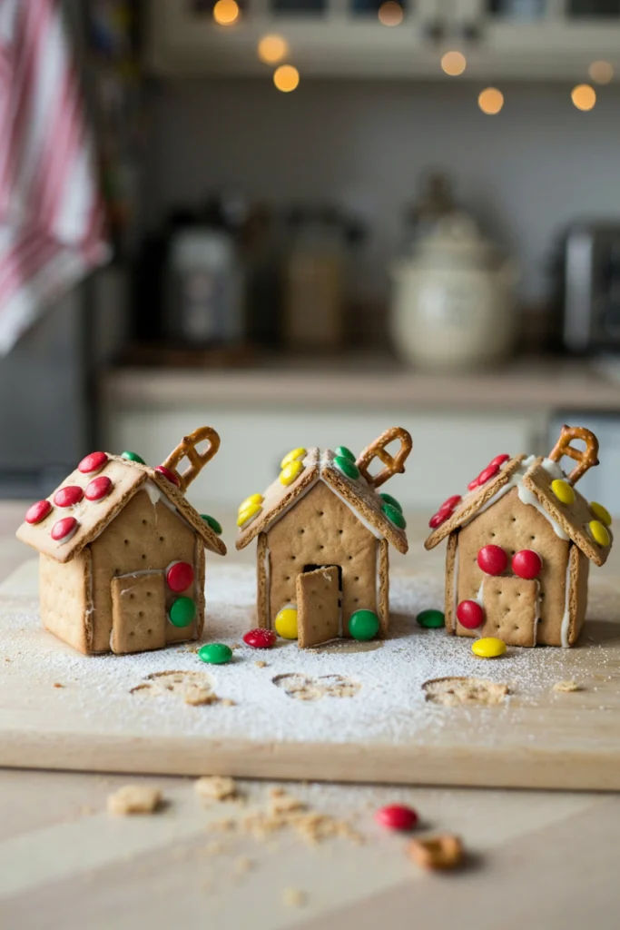 Small gingerbread houses built from graham crackers, glued with icing, decorated with gumdrops and pretzel sticks on a snowy powdered sugar base.
