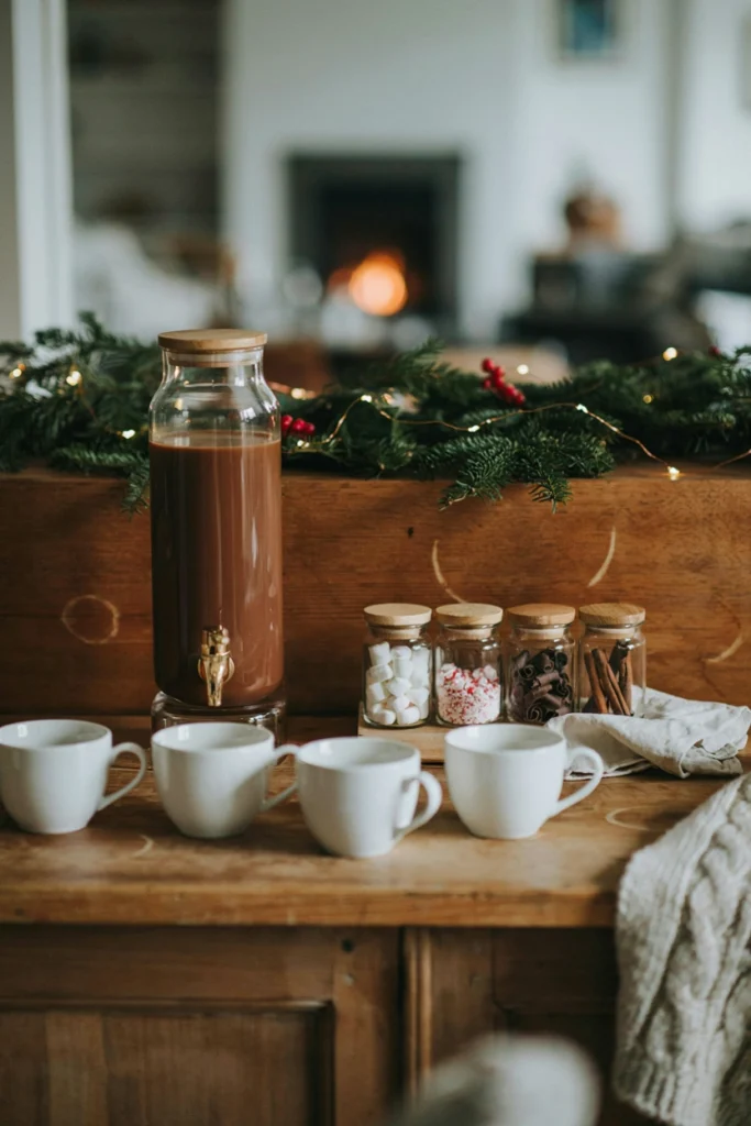 A hot cocoa station with a glass beverage dispenser of dark cocoa surrounded by jars of marshmallows, peppermint, and chocolate shavings
