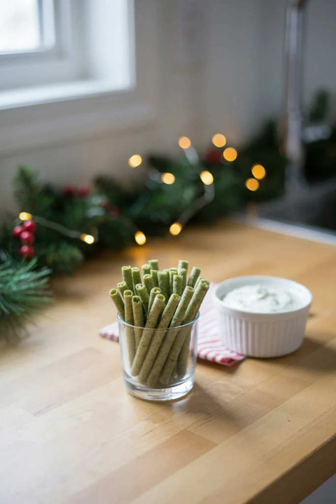 A small cup filled with green veggie straws standing upright, resembling a bundle of tiny trees, with a ranch dip cup beside it.