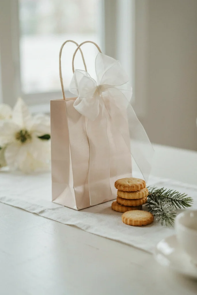 Pearl white structured gift bag topped with a large sheer organza bow