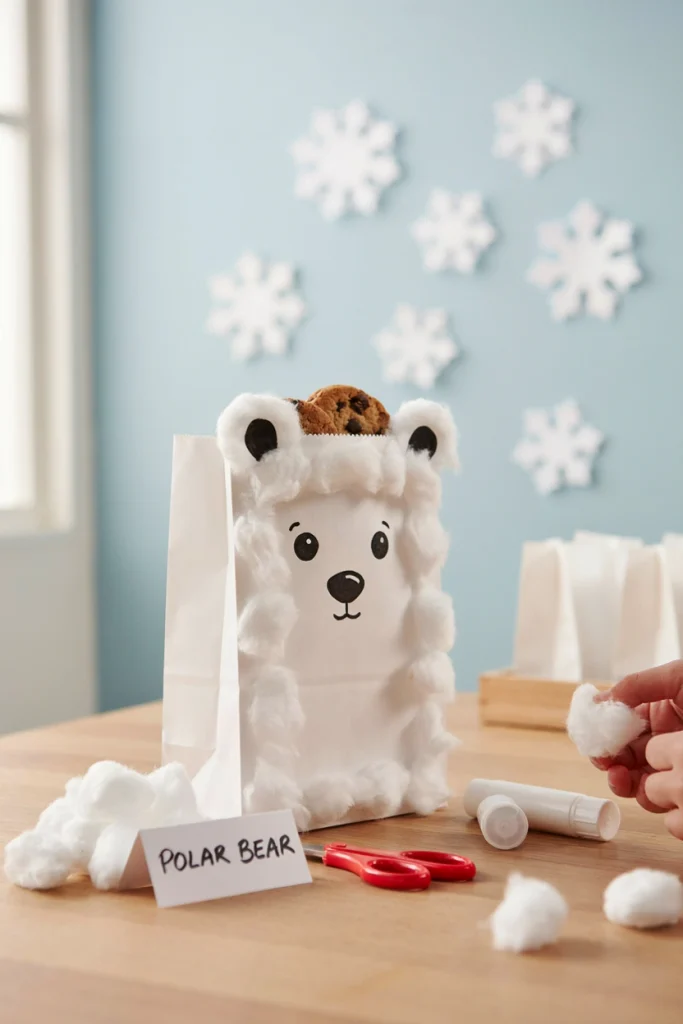 White paper bag decorated as a polar bear face with cotton ball fur tufts