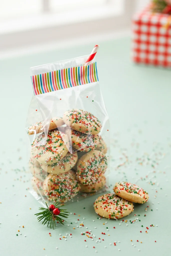 Clear bag of colorful sprinkle cookies wrapped with rainbow striped washi tape