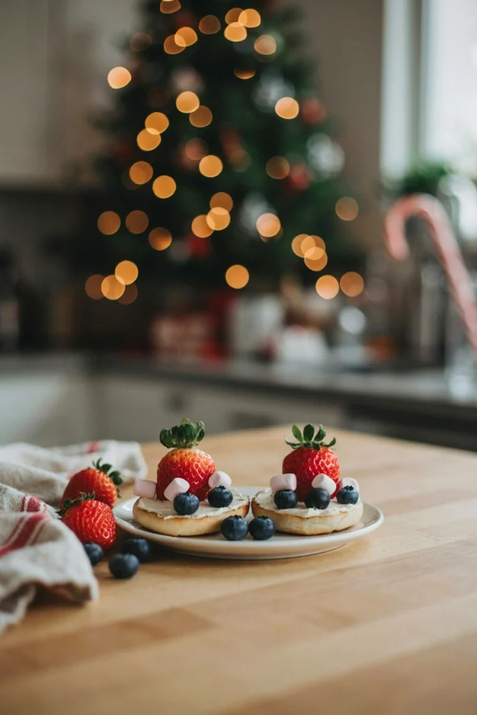 Mini bagel halves spread with cream cheese, cut strawberry hat, blueberry eyes, and a marshmallow pom-pom at the tip of the hat.