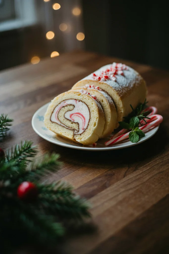 A rolled sponge cake dusted with powdered sugar, sliced to show a swirled peppermint cream filling, garnished with crushed candy cane.