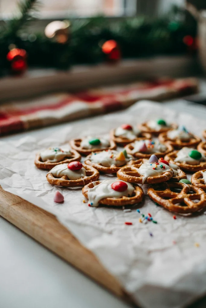 Pretzel rings topped with a melted white chocolate kiss and a colorful M&M, resembling little snowflakes on parchment.