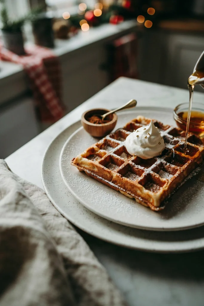 A golden brown waffle with deep grid pockets, dusted with powdered sugar 'snow' and topped with a dollop of whipped cream.