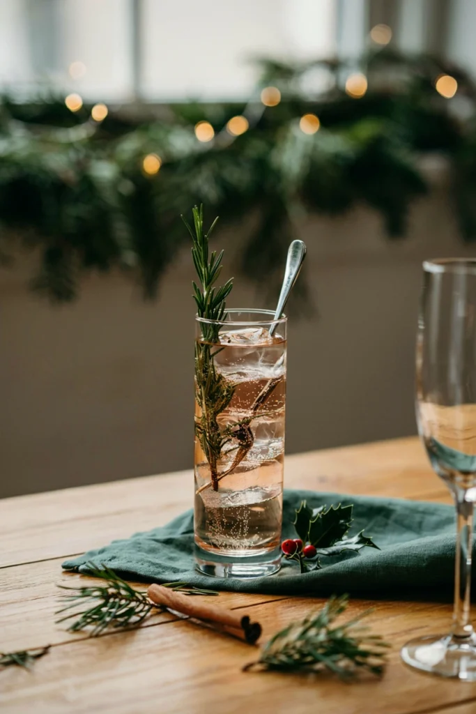A tall clear glass with pale pink-gold sparkling liquid, a long rosemary sprig standing up as garnish, ice visible, natural daylight styling