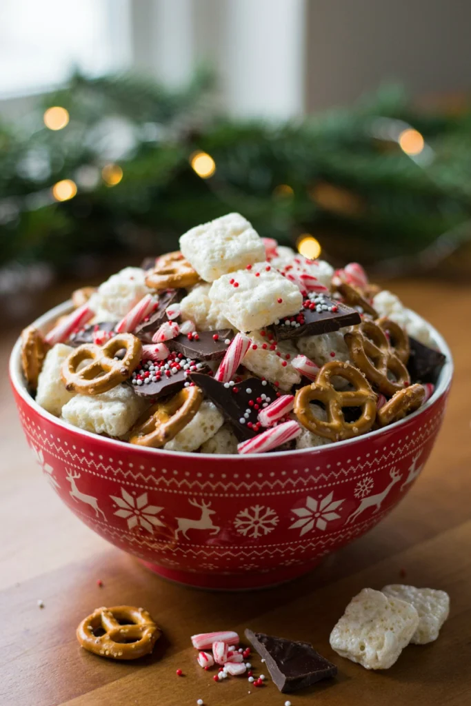 Peppermint bark Christmas snack mix with white and dark chocolate pretzels and crushed candy canes