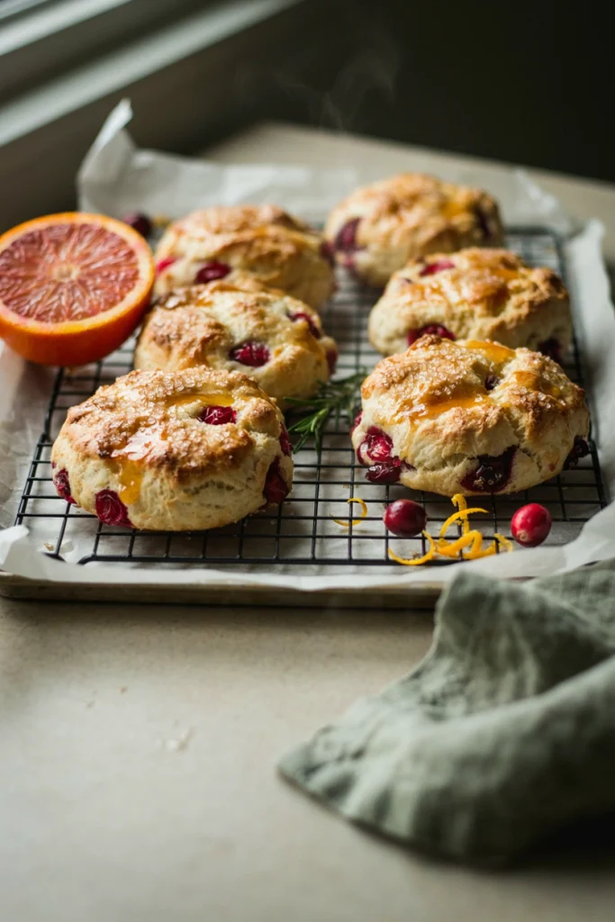 Wedge-shaped scones dusted with sugar, studded with ruby cranberries, cooling on a wire rack.