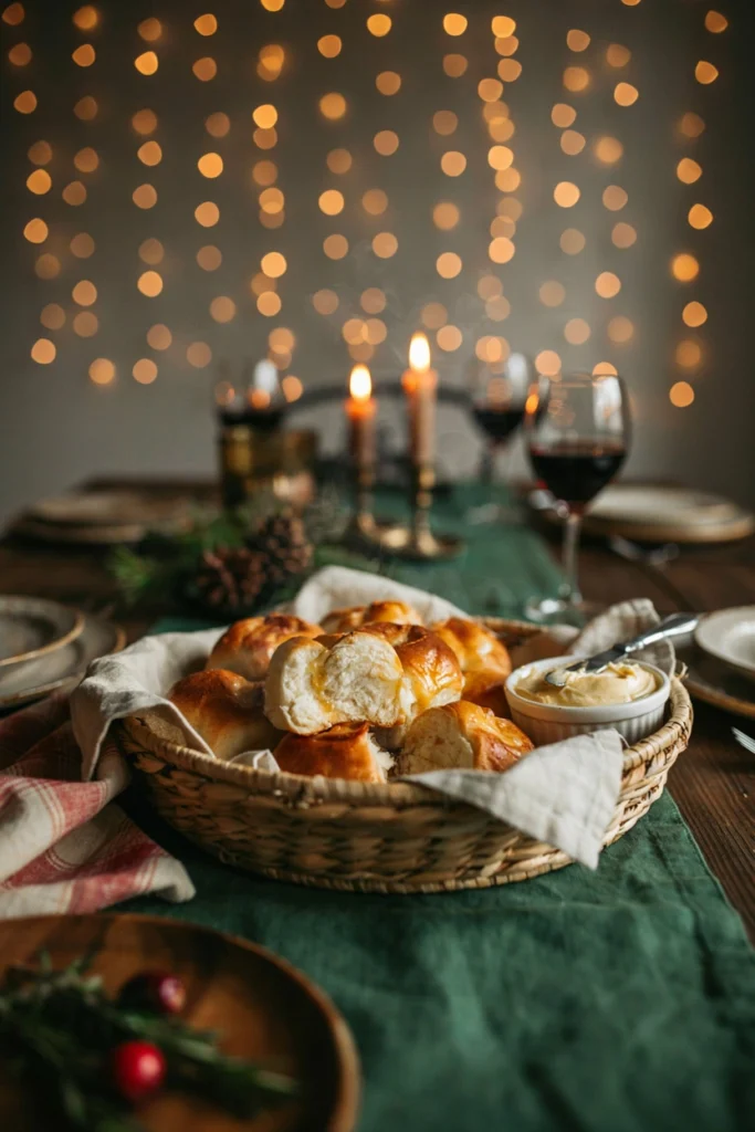 A basket of golden pull-apart dinner rolls with a shiny egg-washed top, steam rising, and a ramekin of pale yellow honey butter beside it