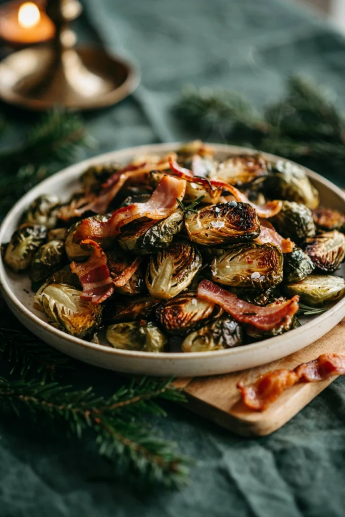 A rustic platter of halved brussels sprouts, deeply charred and caramelized at the edges, with crispy bacon bits and a maple glaze