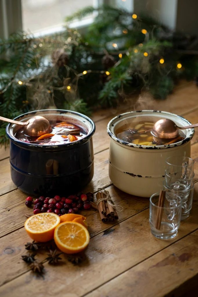 Two copper slow cookers side by side holding deep red mulled wine and golden mulled cider garnished with orange slices and cinnamon sticks