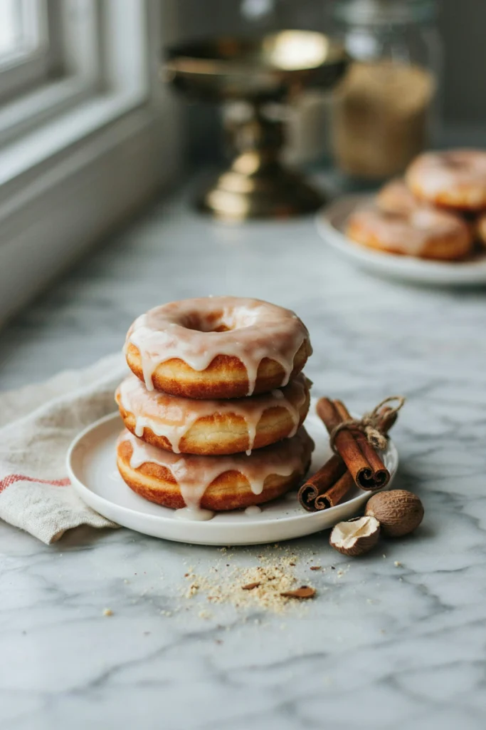 Ring-shaped baked donuts with a pale, dripping nutmeg glaze, arranged on a wire rack with a light dusting of nutmeg.
