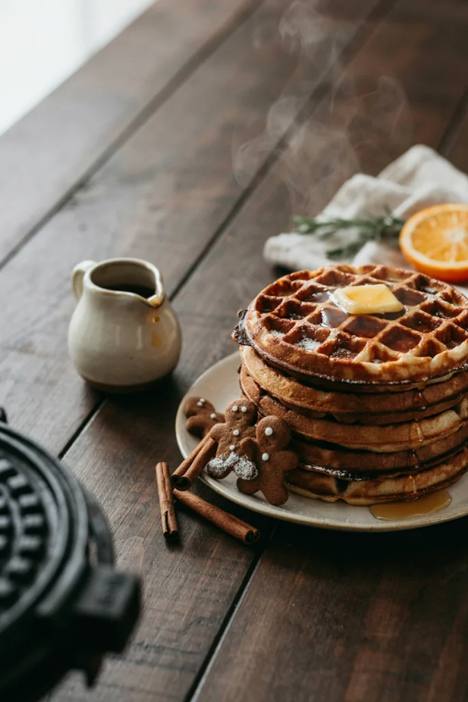A stack of deeply spiced brown waffles with crisp edges, dusted with powdered sugar and topped with a pat of butter melting into the grid.