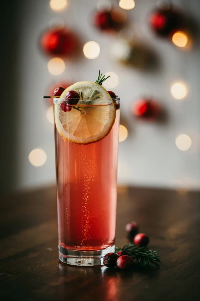 A mason jar or highball glass with layered pink-red sparkling lemonade, lemon wheel and cranberries garnishing the rim, string lights softly blurred behind