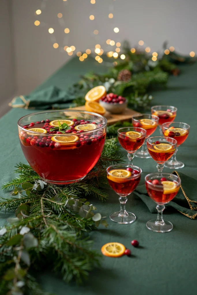 A glass punch bowl of ruby-red non-alcoholic punch with floating cranberries and orange wheels, mocktail glasses beside it, identical styling to the alcoholic version