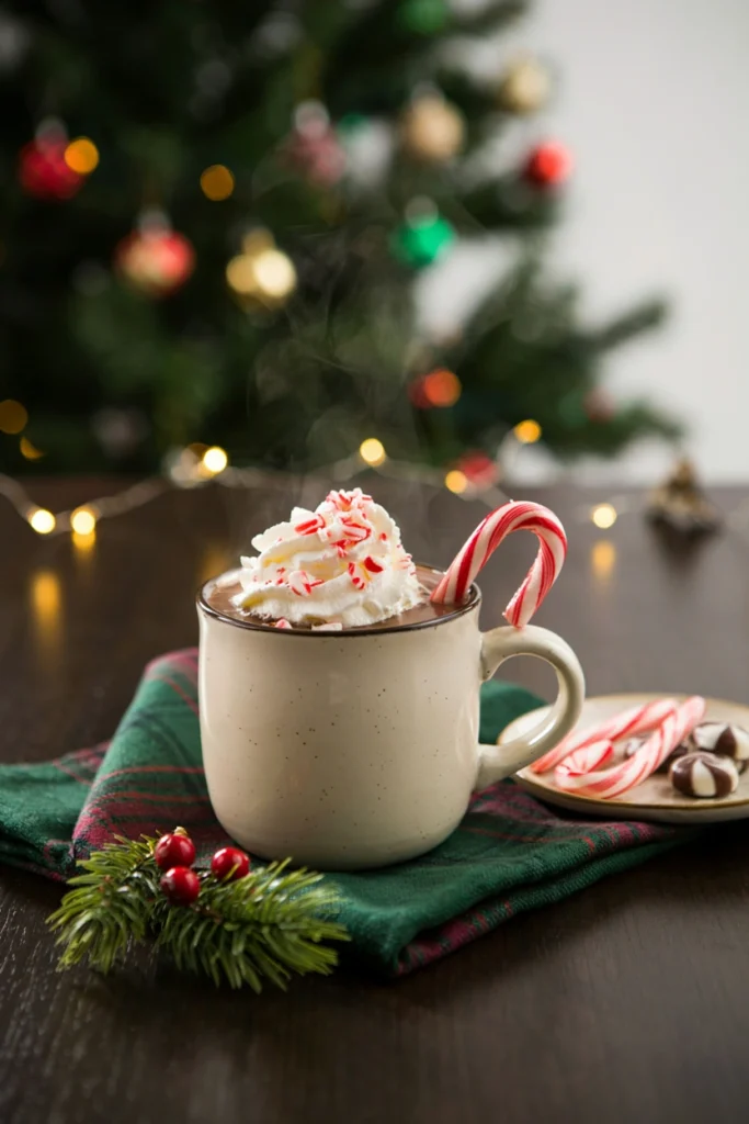 A stoneware mug of rich hot chocolate topped with whipped cream, crushed candy cane sprinkled on top, and a full candy cane as a stirrer
