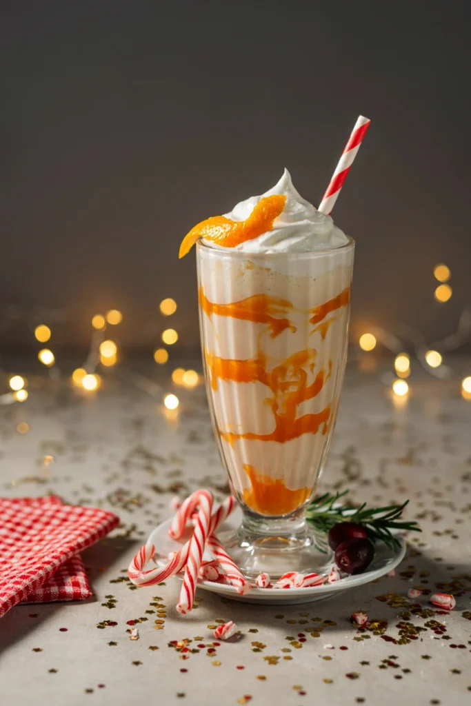 A milkshake glass with creamy orange-swirled liquid, whipped cream on top, an orange twist garnish, playful and bright styling