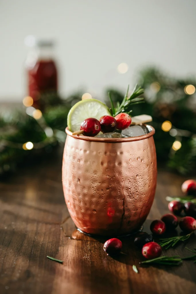 A copper mug filled with pink-red liquid and ice, condensation visible on the metal, a lime wheel and fresh cranberries garnishing the rim