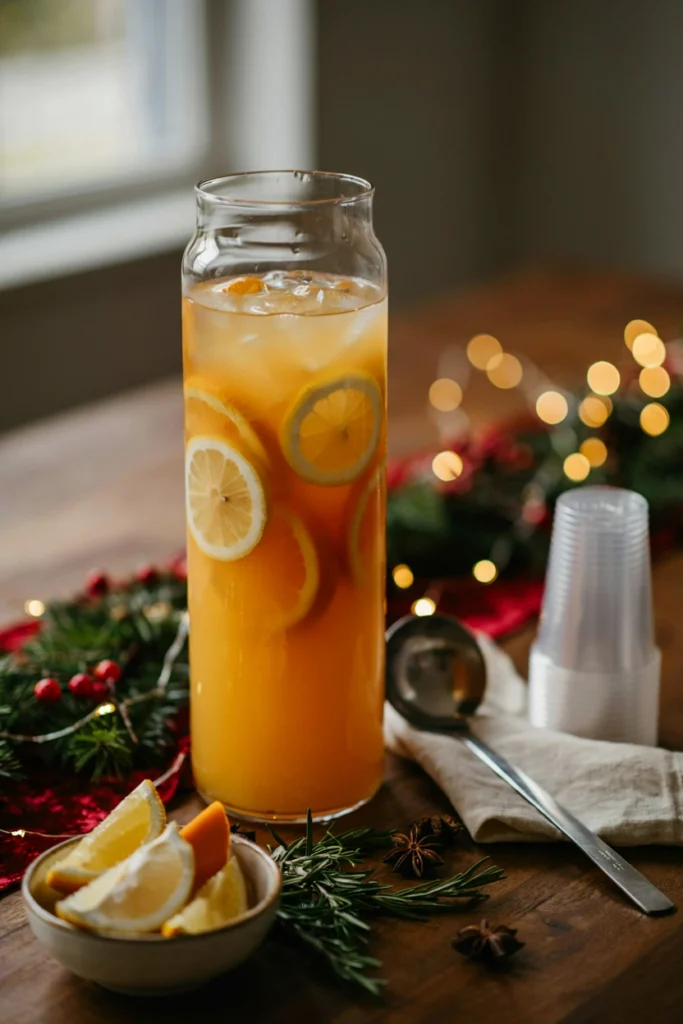 A large glass beverage dispenser filled with bright golden-orange punch, lemon and orange wheels layered along the inside of the glass, ladle beside it