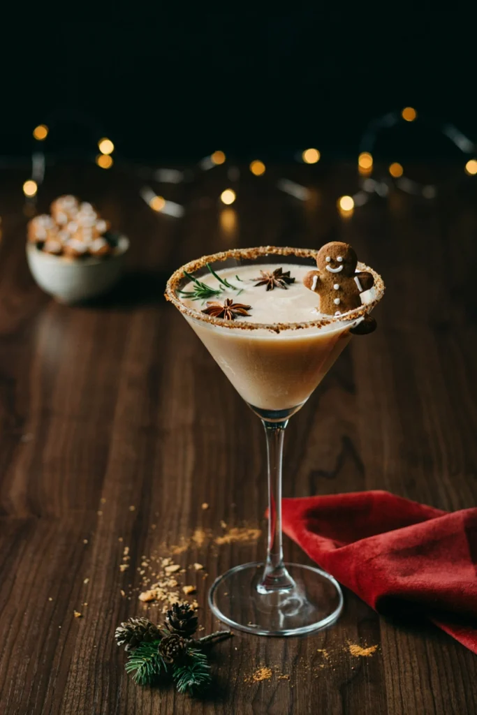 A martini glass with a light brown creamy cocktail, rimmed in crushed graham cracker and cinnamon sugar, a small gingerbread cookie balanced on the rim
