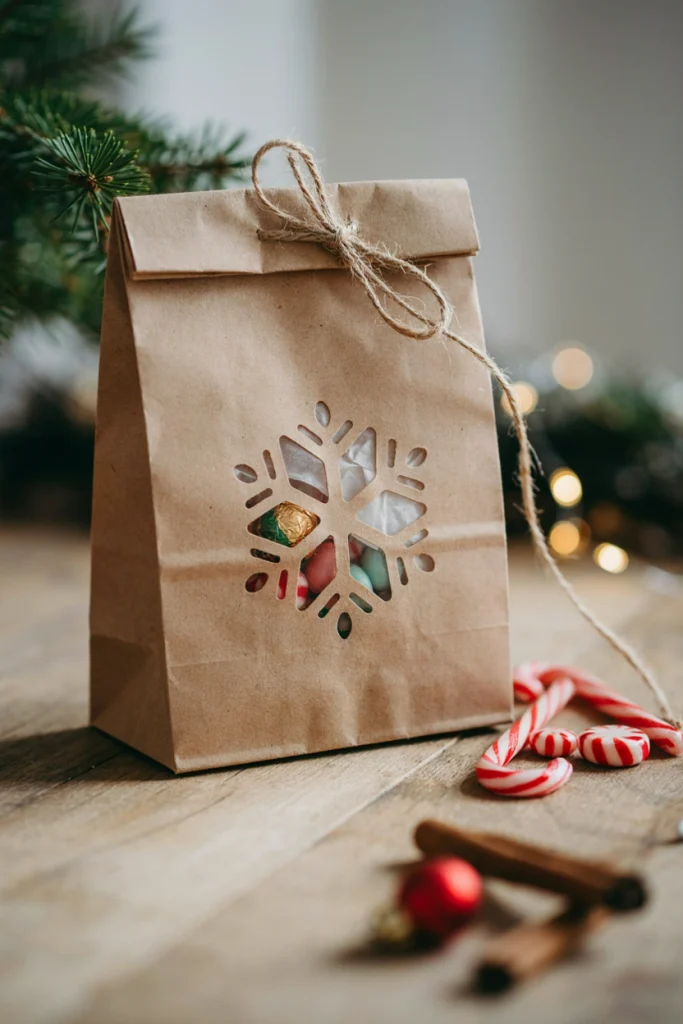 Brown paper bag with a punched snowflake cutout window backed with tissue paper