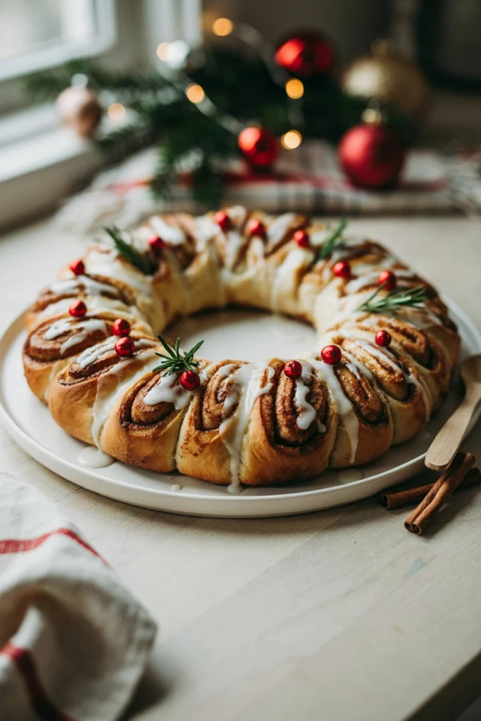 A ring of baked cinnamon rolls arranged into a wreath shape, drizzled with icing and dotted with red candy berries.