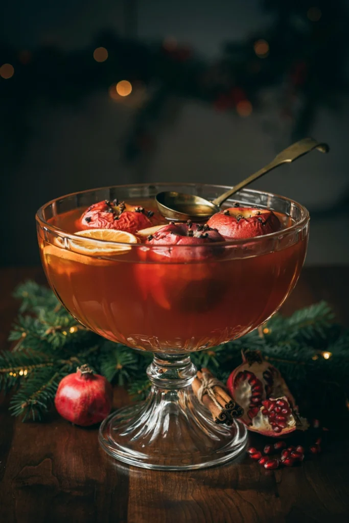 A large antique punch bowl filled with amber wassail and floating clove-studded baked apples with a ladle across the rim