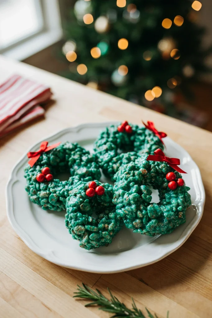 Ring-shaped green rice cereal treats decorated with red candy 'berries' and a small bow, arranged on a platter.