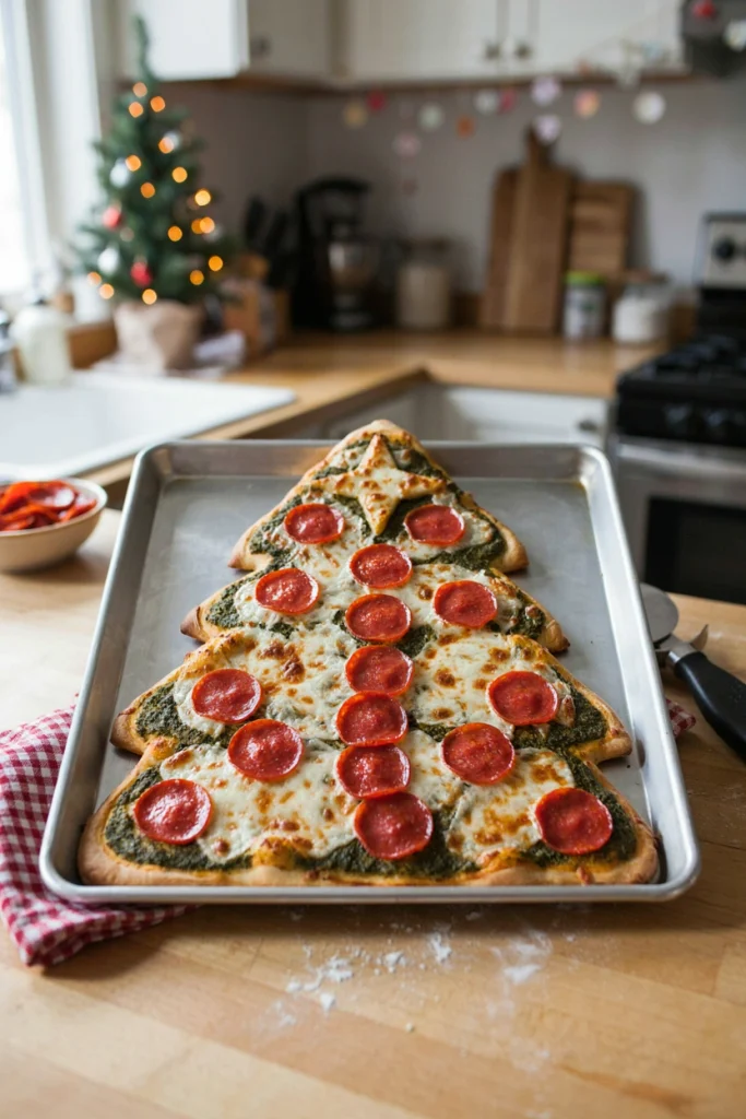 A triangle-shaped pizza with pepperoni 'ornaments,' a mozzarella star, and green pesto or spinach-based sauce base.
