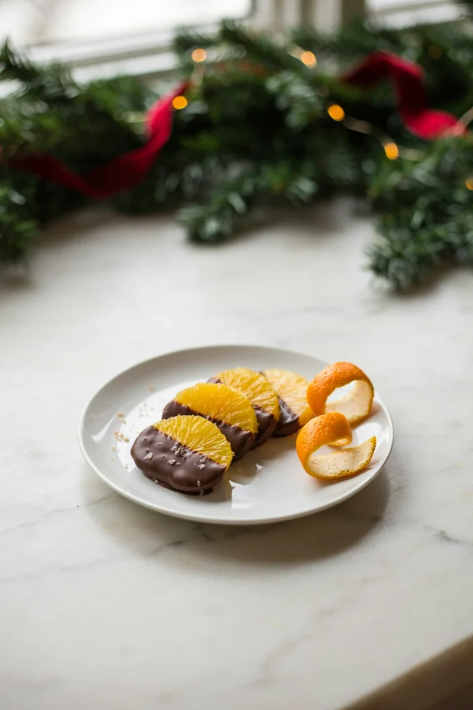 Thin orange slices half-dipped in dark chocolate, dusted with sea salt, arranged in a fan pattern on a plate.