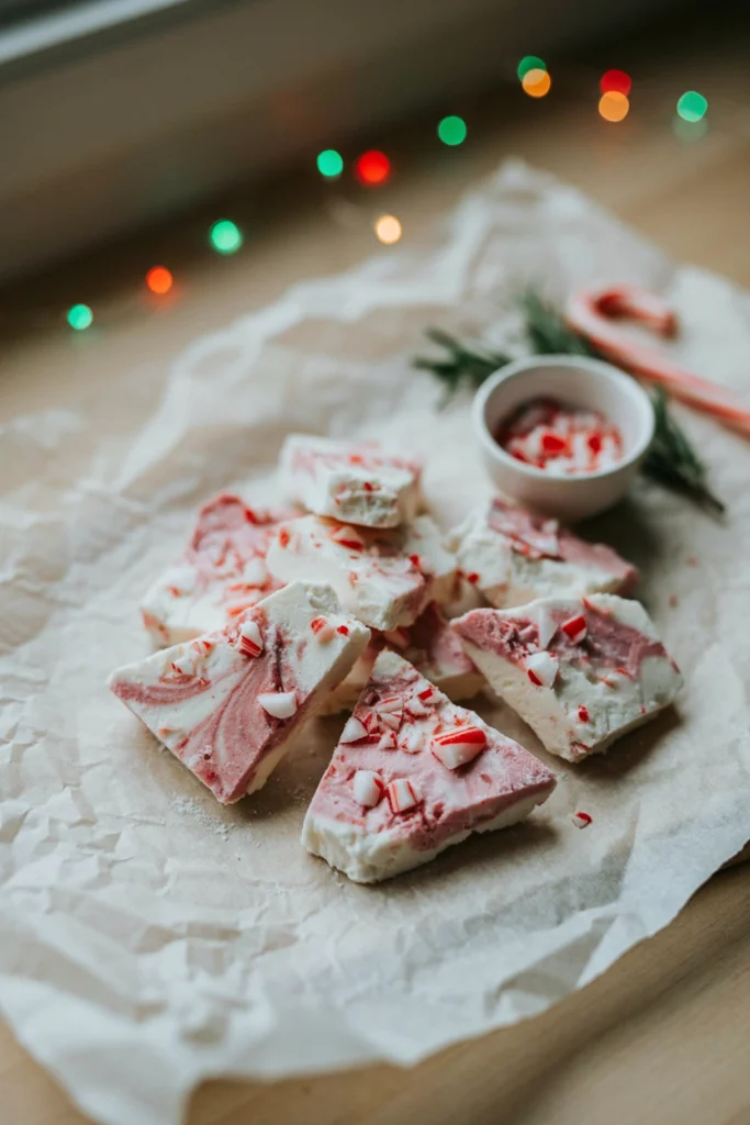 A thin sheet of frozen pink and white swirled yogurt studded with crushed candy cane, broken into jagged shards on parchment.