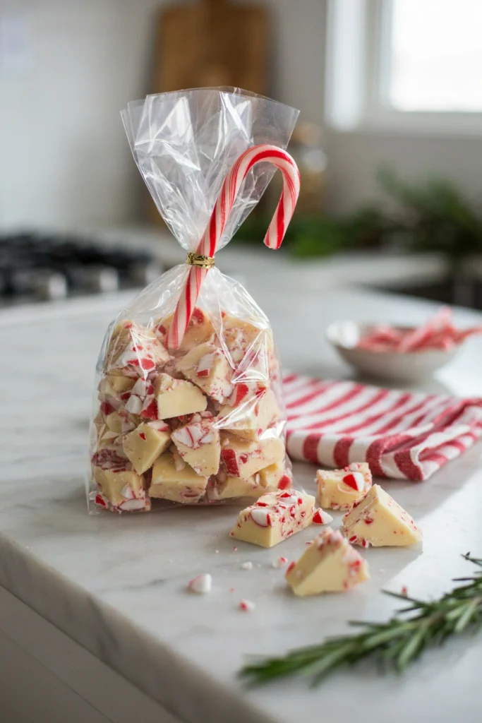 Clear cellophane treat bag of peppermint bark twisted closed with a candy cane