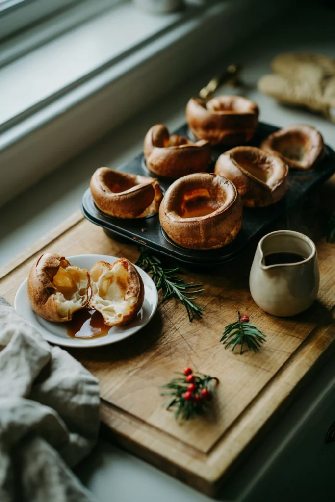 A muffin tin of individual Yorkshire puddings dramatically puffed over the rim of each cup with a deep golden crisp exterior