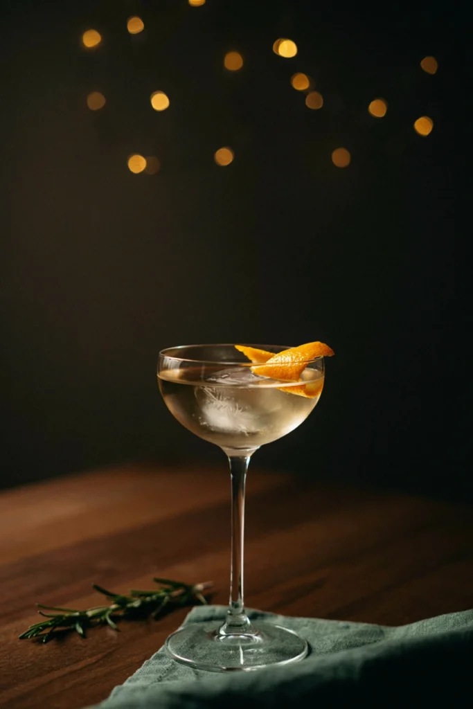 A coupe glass with pale golden liquid, a twist of orange peel resting on the rim, minimal elegant styling against a dark backdrop